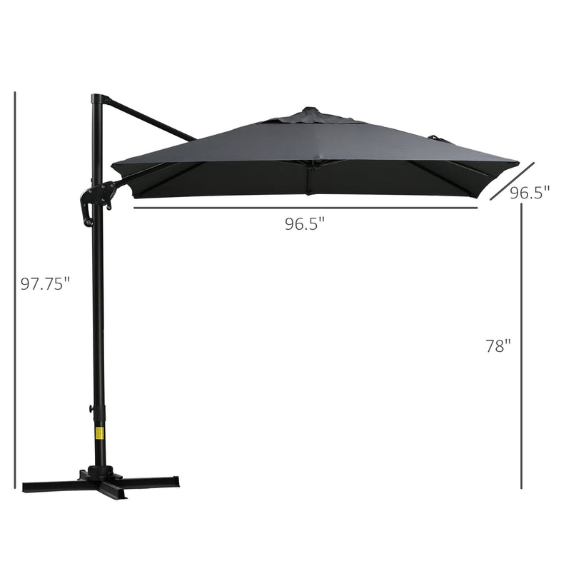 8FT Cantilever Patio Umbrella, Square Outdoor Offset Umbrella with 360 Rotation, Aluminum Hanging Umbrella with 3-Position Tilt, Crank & Cross Base for Garden, Dark Gray