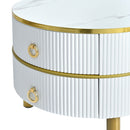 27.5" & 19.6" Stackable Coffee Table with 2 Drawers, Nesting Tables with Brown Tempered Glass and High Gloss Marble Tabletop, Set of 2, Round Center Table for Living Room, White