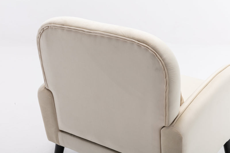 Accent chair, KD solid wood legs with black painting. Fabric cover the seat. With a cushion.