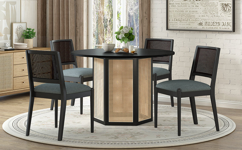 5-Piece Rattan Round Dining Table Set, Wood Table with Hexagonal Base and Upholstered Chairs for Dining Room, Kitchen,Indoor Use, Black+Gray