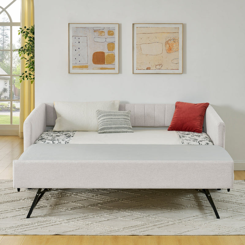 Twin Size Daybed with Trundle Upholstered Sofa Bed, with Vertical Stripes, Linen Fabric, Beige  (82.5'x43'x30')