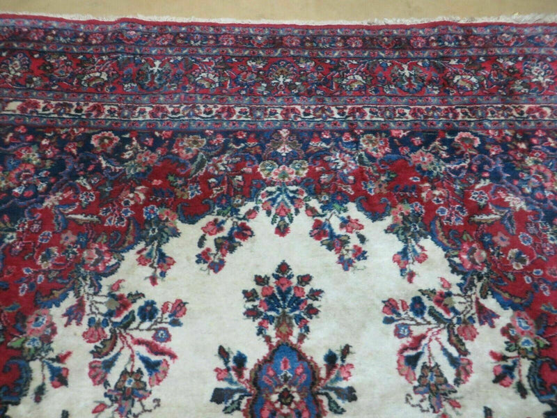 9x12 Persian Sarouk Rug - Semi Open Field Medallion Rug - Ivory Red Blue Hand Knotted Wool Oriental Carpet 9 x 12 Antique Rug - Vegetable Dyes