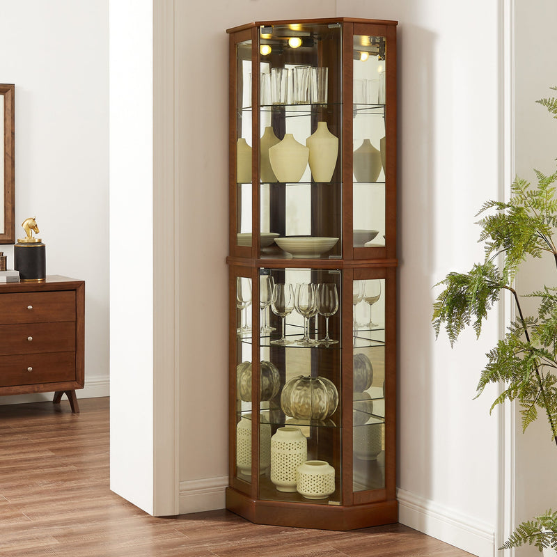 6 Shelf Corner Curio Display Cabinet with Lights, Mirrors and Adjustable Shelves, Walnut