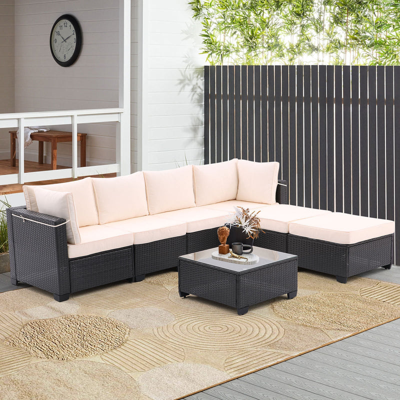 7 Pieces Outdoor Patio Furniture Set,Sectional Conversation Sofa Consisted Of Corner Chairs,Ottomans And Glass Top Table,All Weather PE Rattan and Steel Frame With Removable Cushions(Coffee+Beige)