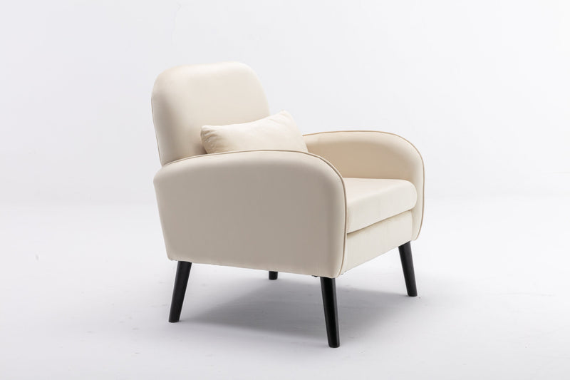 Accent chair, KD solid wood legs with black painting. Fabric cover the seat. With a cushion.