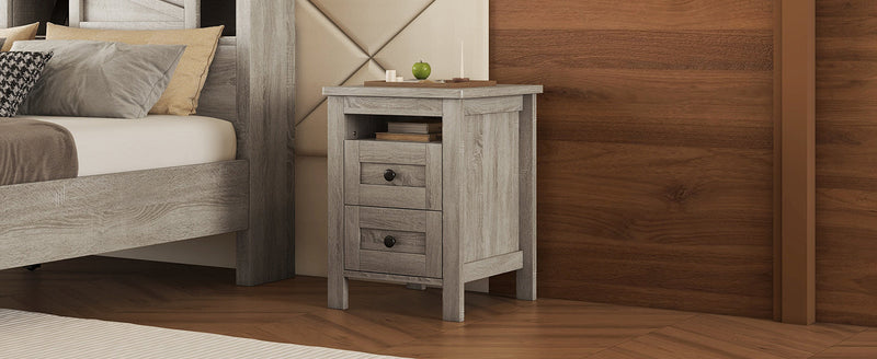 2-Drawer Farmhouse Wooden Nightstand with Well-proportioned Design and Sleek Lines, Wood Side Table with Storage Cabinet for Bedroom, Antique Gray