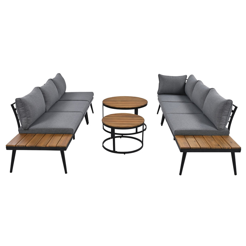 6-Piece Outdoor Sectional Sofa Set with Round Nesting Coffee Tables and Seating Sofa with Cushions for Patio, Porch and Garden (Grey)