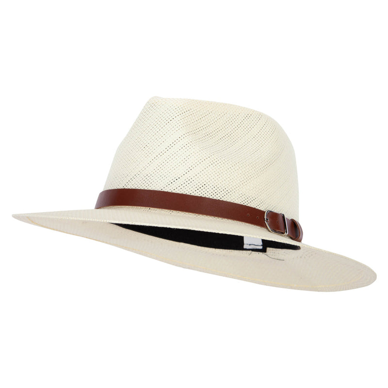 Men's Paper Braid Leatherette Buckle Trim Large Brim Fedora Hat