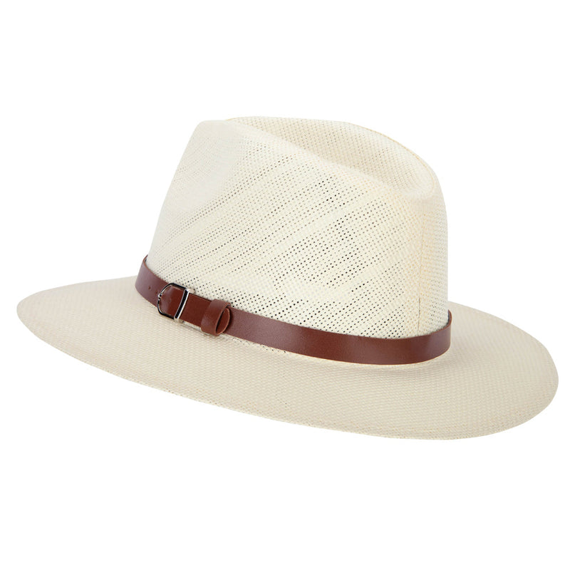 Men's Paper Braid Leatherette Buckle Trim Large Brim Fedora Hat