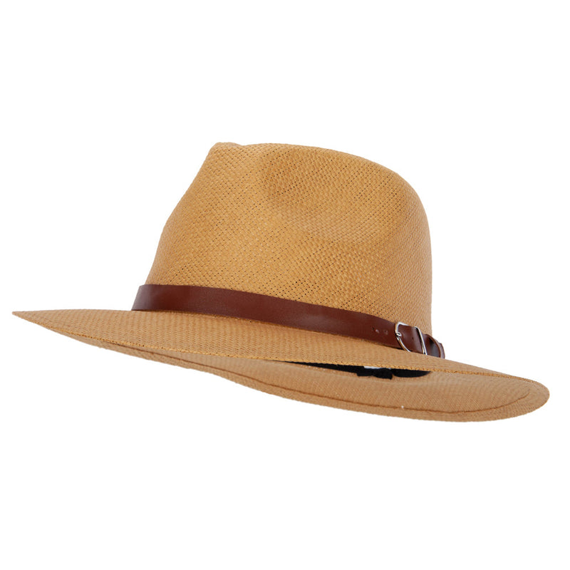 Men's Paper Braid Leatherette Buckle Trim Large Brim Fedora Hat