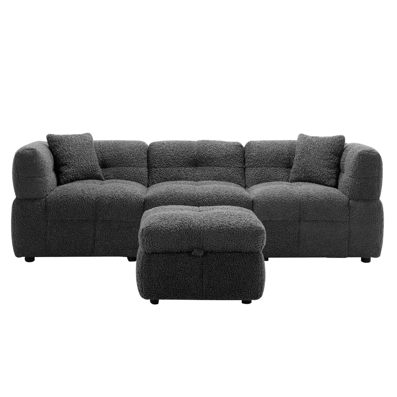 87.7" Sectional Sofa Cozy Teddy Fleece Fabric Sectional Sofa Couch with Two USB Ports a Movable Storage Ottoman and Two Lumbar Pillows for Living Room, Gray