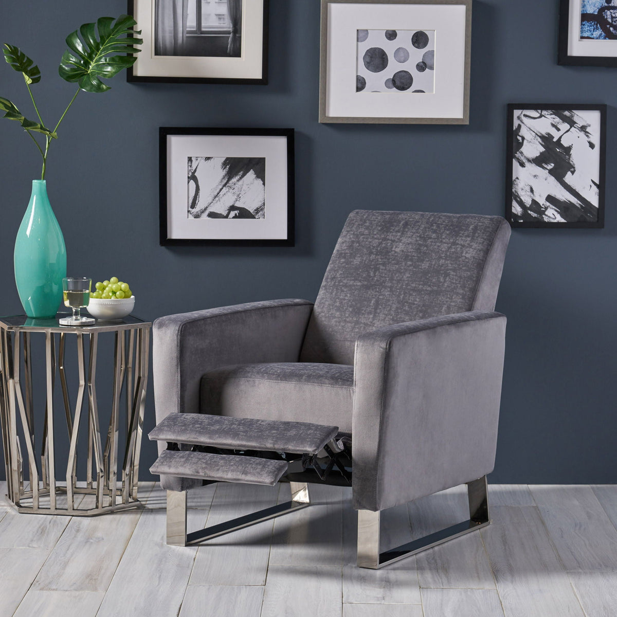 Bolt Upholstered Recliner Chair With Stainless Steel Base - Gray / Chrome, photo 5 of 10