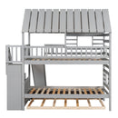 House Bunk Bed With Trundle, Storage Staircase, Roof And Window Design