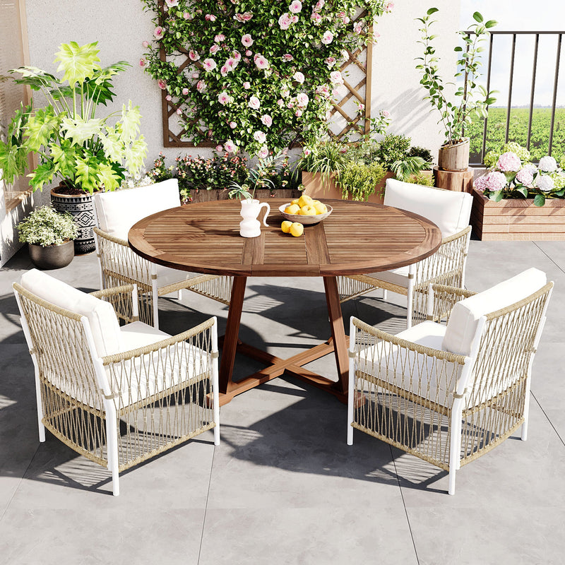 TOPMAX Modern 5-Piece Patio Extendable Wooden Dining Table Set, 12inch Butterfly Leaf Foldable Round Kitchen Table Set with 4 Rattan Arm Chairs for Backyard,Balcony, Garden, Poolside, Natural