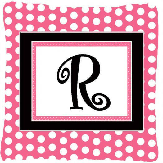 Letter R Initial Monogram Pink Black Polka Dots Decorative Canvas Fabric Pillow