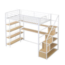Twin Size Loft Bed With Built In Desk, Staircase Storage & 4 Tier Shelves - White by HouseOfZazla