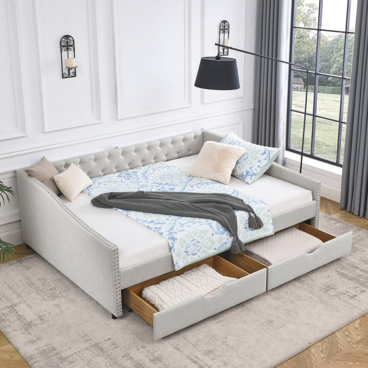 Upholstered Tufted Daybed With Drawers, Waved Arms, photo 21 of 27