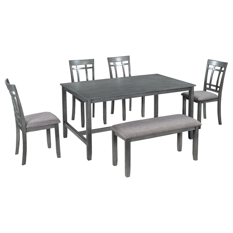 6 Piece Wooden Dining Table set, Kitchen Table set with 4 Chairs and Bench, Farmhouse Rustic Style,Gray