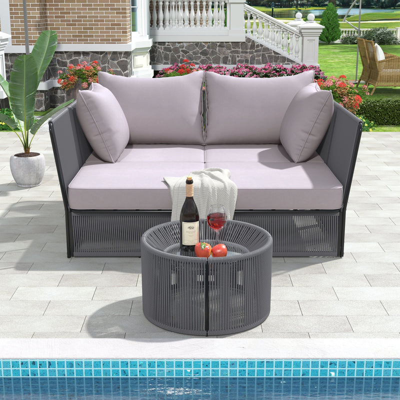 2-Piece Outdoor Sunbed and Coffee Table Set, Patio Double Chaise Lounger Loveseat Daybed with Clear Tempered Glass Table for the patio, poolside (Grey Cushion + Dark Grey Rope)