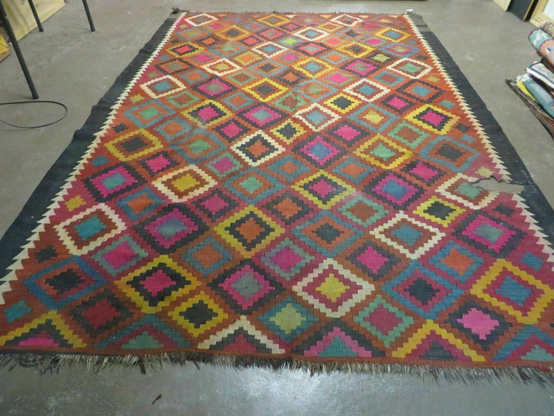 7' X10' Antique Afghan Kilim Handmade Flat Weave Wool Rug Vegy Organic Colorful