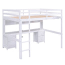 Full Size Loft Bed With Desk, Cabinets, Drawers, Charging Station And Bedside Tray, Sturdy Frame, No Box Spring Required - White by HouseOfZazla