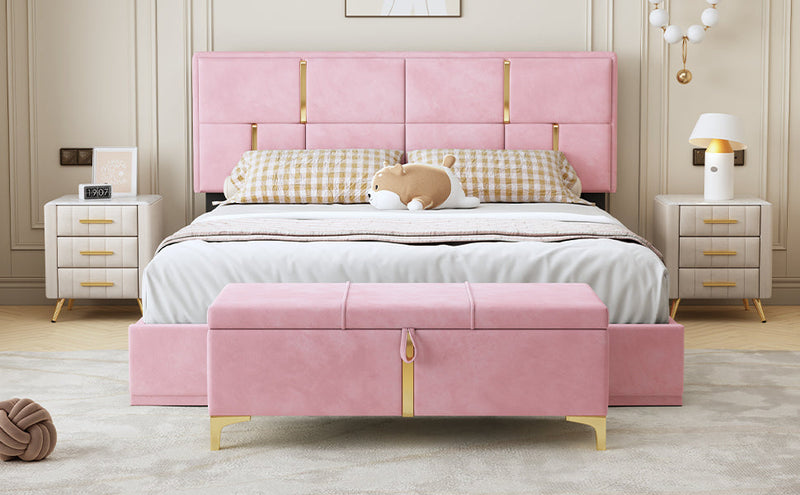 2-Pieces Bedroom Sets,Queen Size Upholstered Platform Bed with Hydraulic Storage System,Storage Ottoman with Metal Legs,Pink