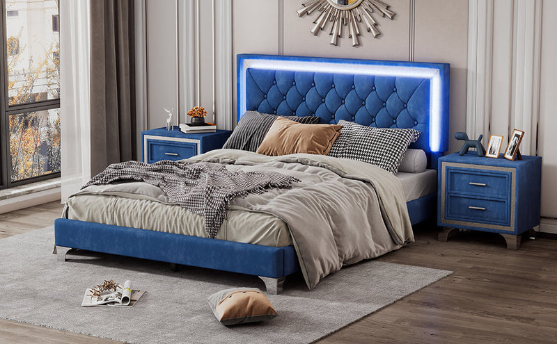 3-Pieces Bedroom Sets,Queen Size Upholstered Platform Bed with LED Lights and Two Nightstands-Blue