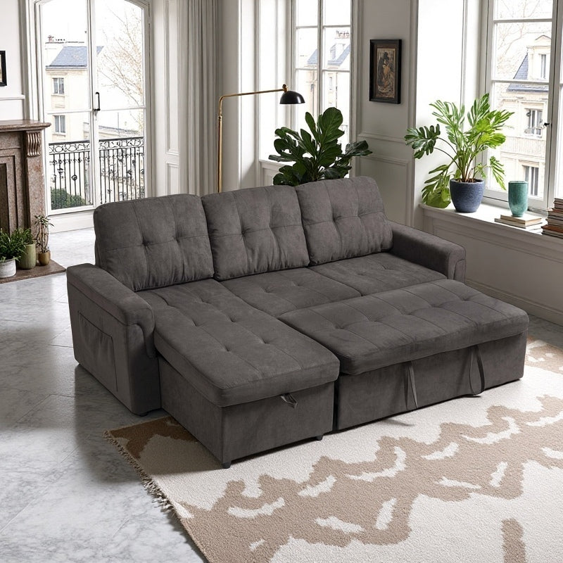 Upholstered Sleeper Sofa, L Shaped Sectional Couch with Reversible Storage, Convertible Corner Lounge Couches w/Pull Out Sofa bed for Living Room, Apartment,