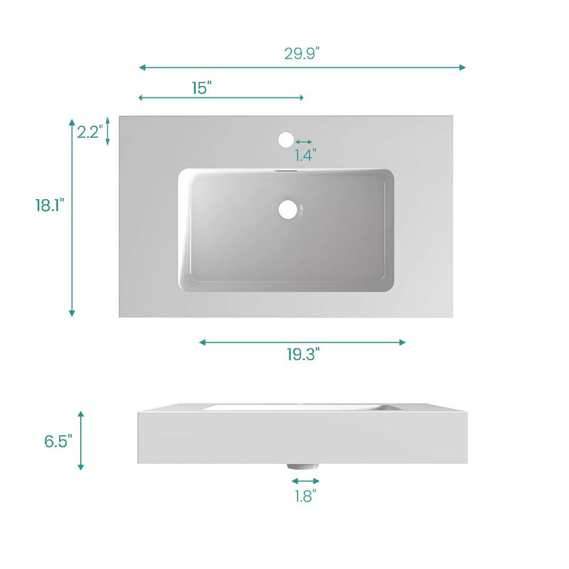 Integrated Solid Surface Basin, 30-Inch, Glossy White, photo 8 of 10