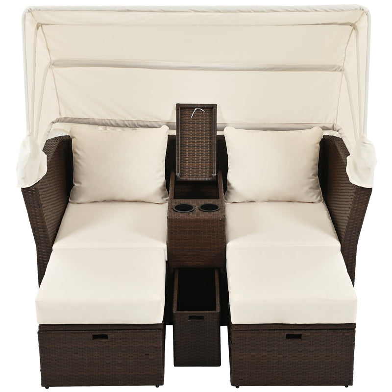 2-Seater Outdoor Patio Daybed Outdoor Double Daybed Outdoor Loveseat Sofa Set with Foldable Awning and Cushions for Garden, Balcony, Poolside, Beige