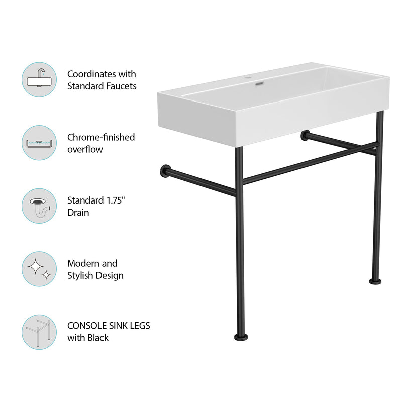 30" Bathroom Console Sink with Overflow, Ceramic Console Sink White Basin Black Legs