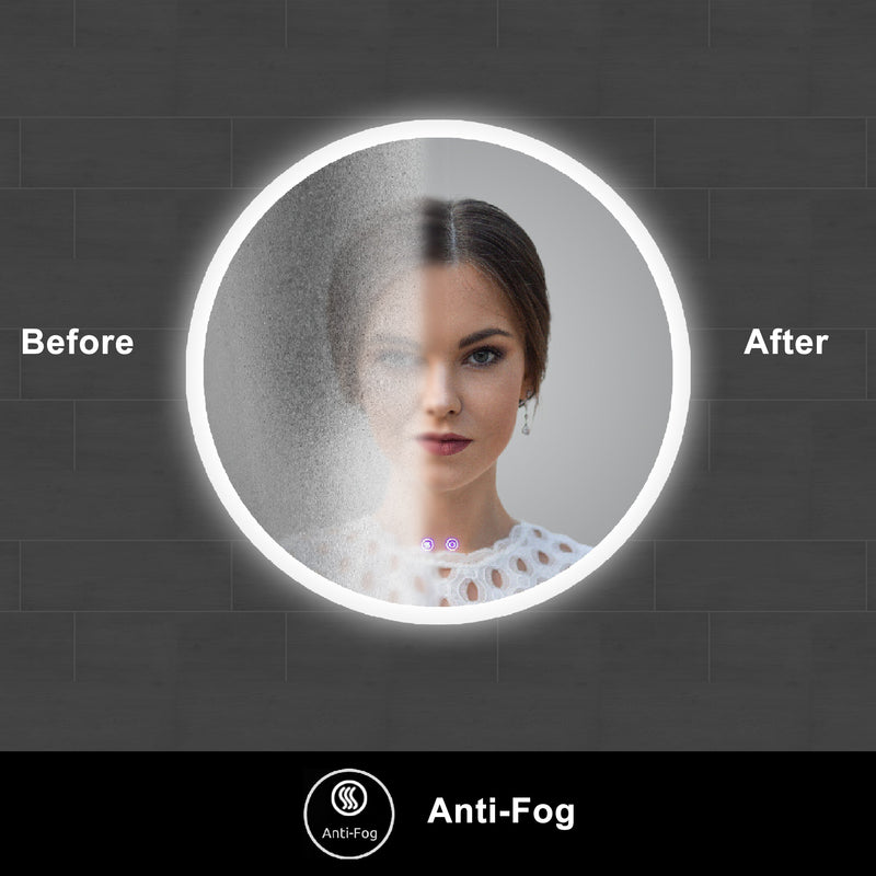 32 x 32 Inch Round Frameless LED Illuminated Bathroom Mirror, Touch Button Defogger, Metal, Silver