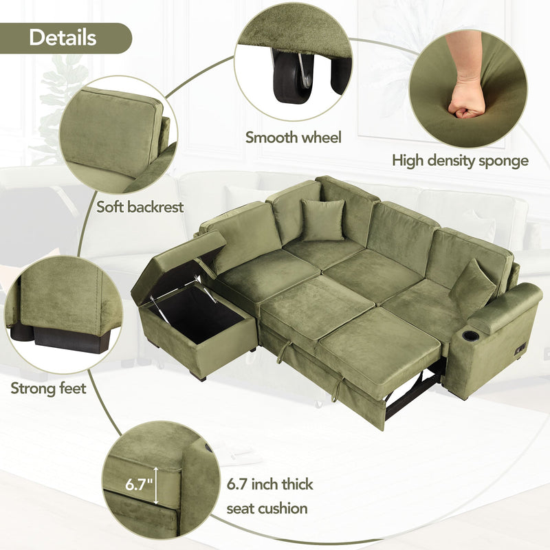 87.4" Sleeper Sofa Bed,2 in 1 Pull Out sofa bed L Shape Couch with Storage Ottoman for Living Room,Bedroom Couch and Small Apartment, Green