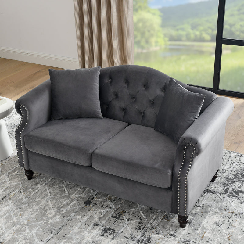 57" Chesterfield Sofa Grey Velvet for Living Room, 2 Seater Sofa Tufted Couch with Rolled Arms and Nailhead for Living Room, Bedroom, Office, Apartment, two pillows
