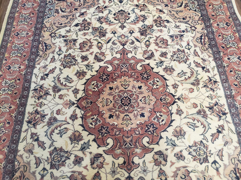 4x6 Handmade Top Quality Pakistani Floral Wool Rug Veg Dyes Carpet Beige Salmon