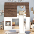 Wood Twin Size House Bunk Bed With Roof, Ladder And Slide - White / Brown by Unique Piece Furniture