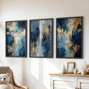 Elegant Navy and Gold Art Set of 3. Contemporary Abstract Prints by Wall Art Set