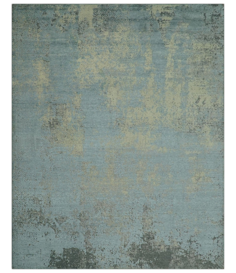 Abstract Design Blue, Beige And Gray 8x10 Hand Knotted Wool and Bamboo Silk Rug