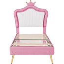 Twin Size Upholstered Bed Frame with LED Lights, Modern Upholstered Princess Bed With Crown Headboard,White+Pink
