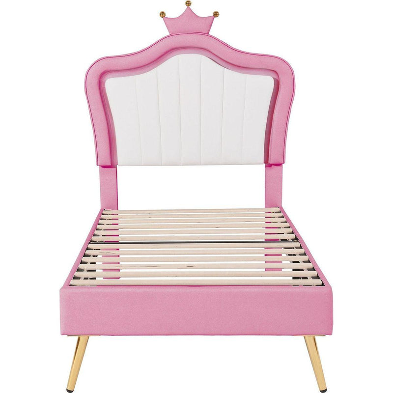 Twin Size Upholstered Bed Frame with LED Lights, Modern Upholstered Princess Bed With Crown Headboard,White+Pink