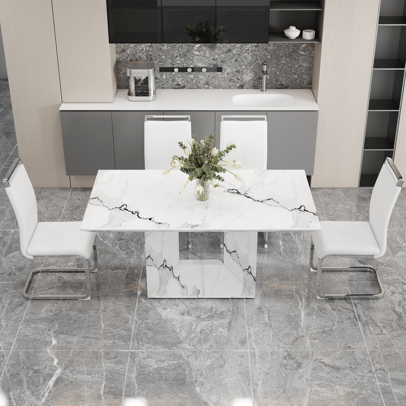 A simple dining table. A dining table with a white marble pattern. 4 PU synthetic leather high backrest cushioned side chairs with C-shaped silver metal legs. DT-SQ-16090-wh