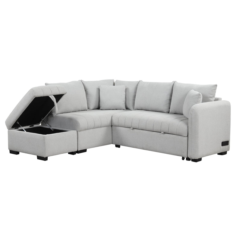 82.6" L-shaped Sectional Pull Out Sofa Bed Sleeper Sofa with Two USB Ports, Two Power Sockets and a Movable Storage Ottoman, Gray