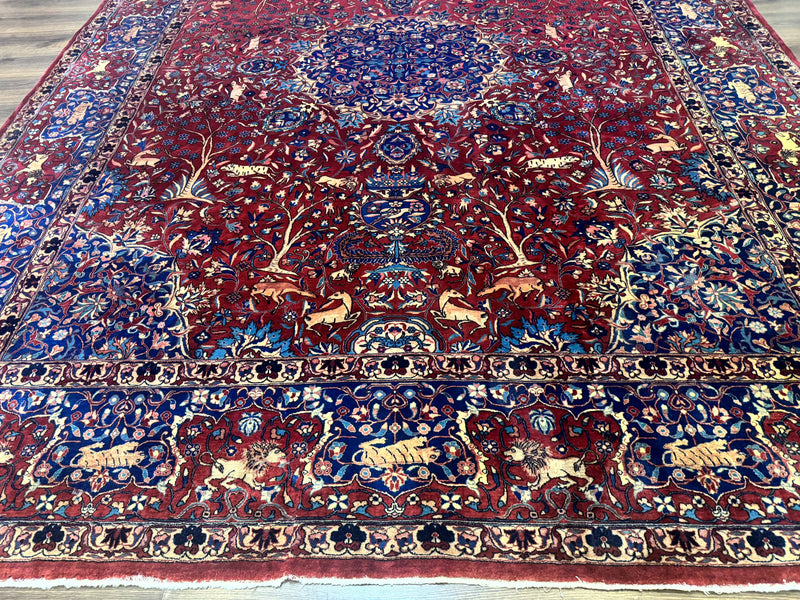 Antique Indo Persian Kerman Rug 9x12 Red Manchester Wool Animal Pictorials, Fine 290 KPSI