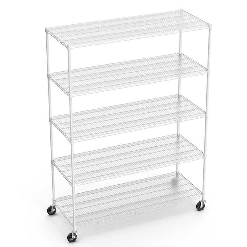 5 Tier 7500lbs Heavy Duty Adjustable Storage Rack Metal Shelf Wire Shelving Unit with Wheels & Shelf Liners - 82" H x 60" L x 24" D - White