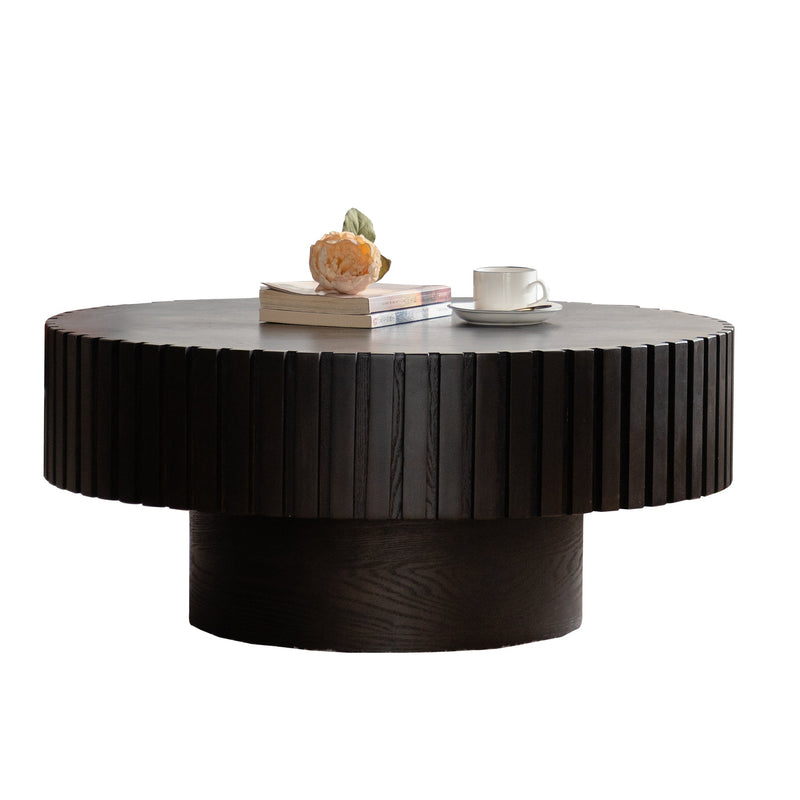 Round Coffee Table Handcrafted Relief Sturdy Pedestal Wooden Olive-Shaped Tea Table for Living Room