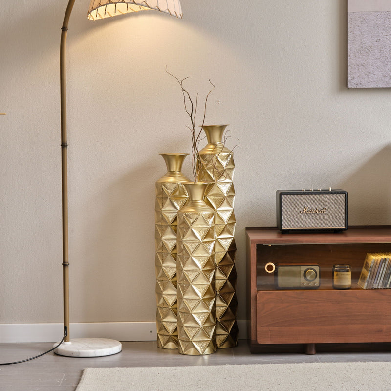 Metal Decorative Vase High Distress Metal Center Vase With 3D Triangle Pattern, (Set of 3) Vases For Home Decoration - Gold, photo 13 of 18