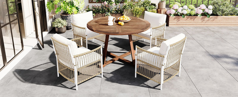 TOPMAX Modern 5-Piece Patio Extendable Wooden Dining Table Set, 12inch Butterfly Leaf Foldable Round Kitchen Table Set with 4 Rattan Arm Chairs for Backyard,Balcony, Garden, Poolside, Natural