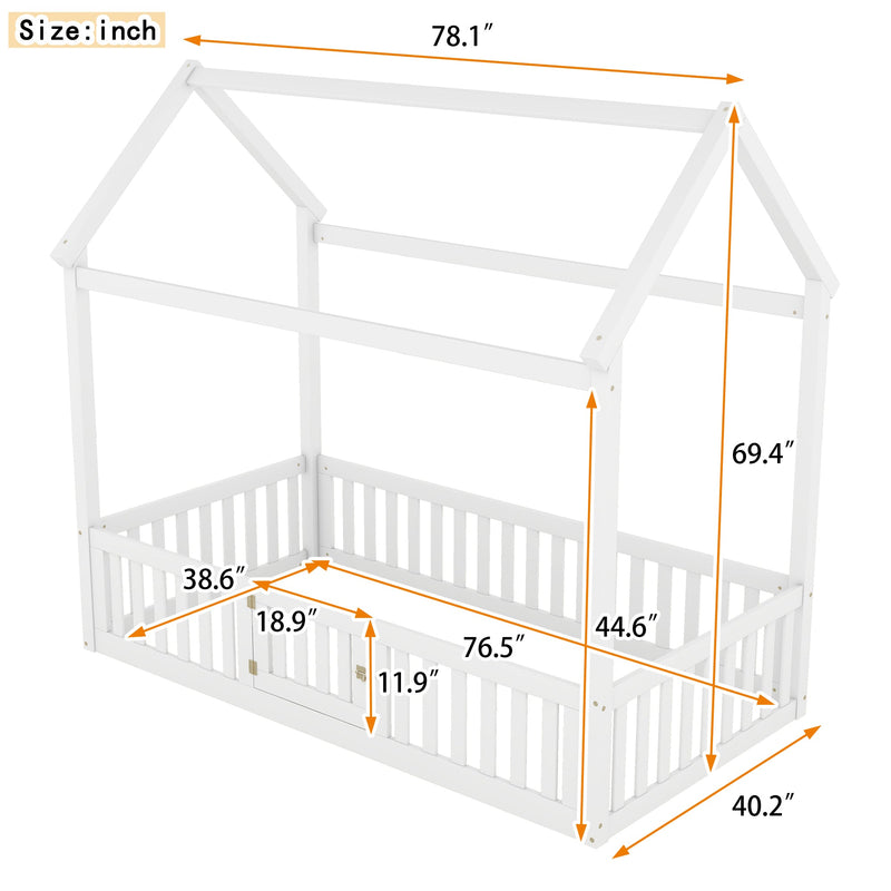 Walker Edison | Twin Size Wood House Bed with Fence and Door, White