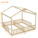Double Twin House-Style Floor Bed with Fence, Guardrails, without door, Natural(Old Sku:W504P143318)