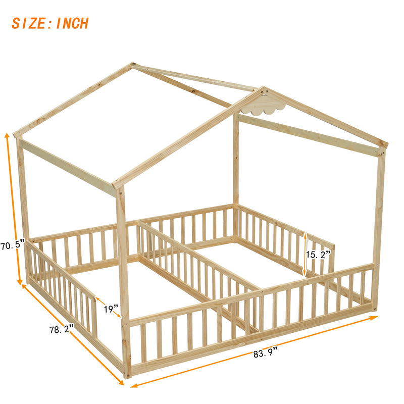 Double Twin House-Style Floor Bed with Fence, Guardrails, without door, Natural(Old Sku:W504P143318)